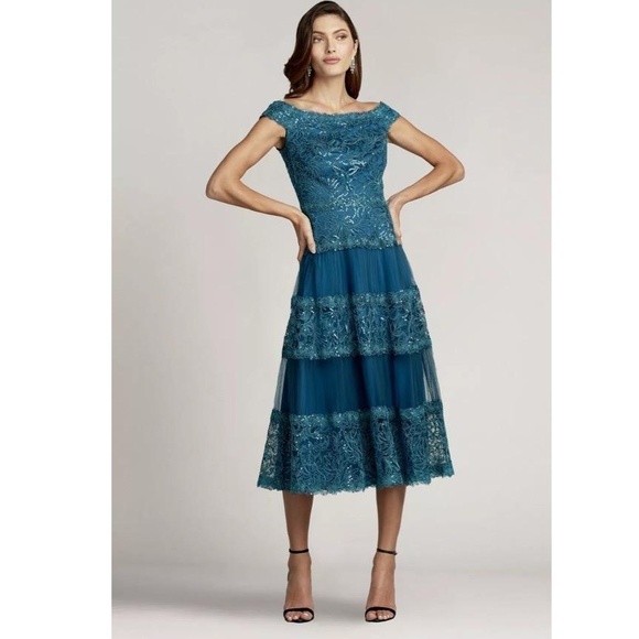 TADASHI SHOJI Atlantic Blue Sequin Embroidered Off Shoulder Alya Midi Dress 4 - Picture 1 of 14